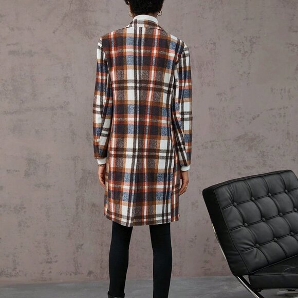 Casual Plaid Double Breasted Overcoat Rust Brown - Picture 4 of 5